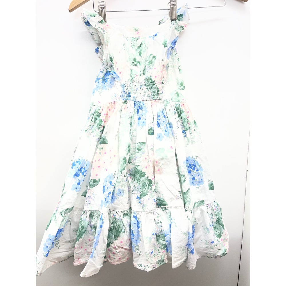 Janie and Jack Girls Floral Flutter Sleeve‎ Smocked Tiered Dress White Blue 4